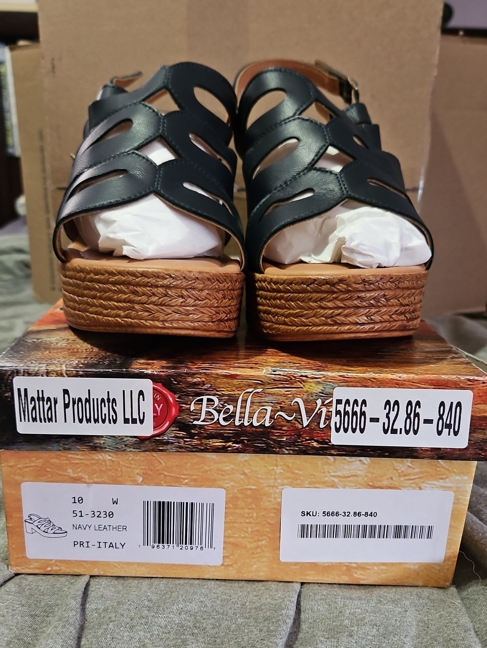 Bella Vita Navy Leather Wedge Sandals with Braided Midsole